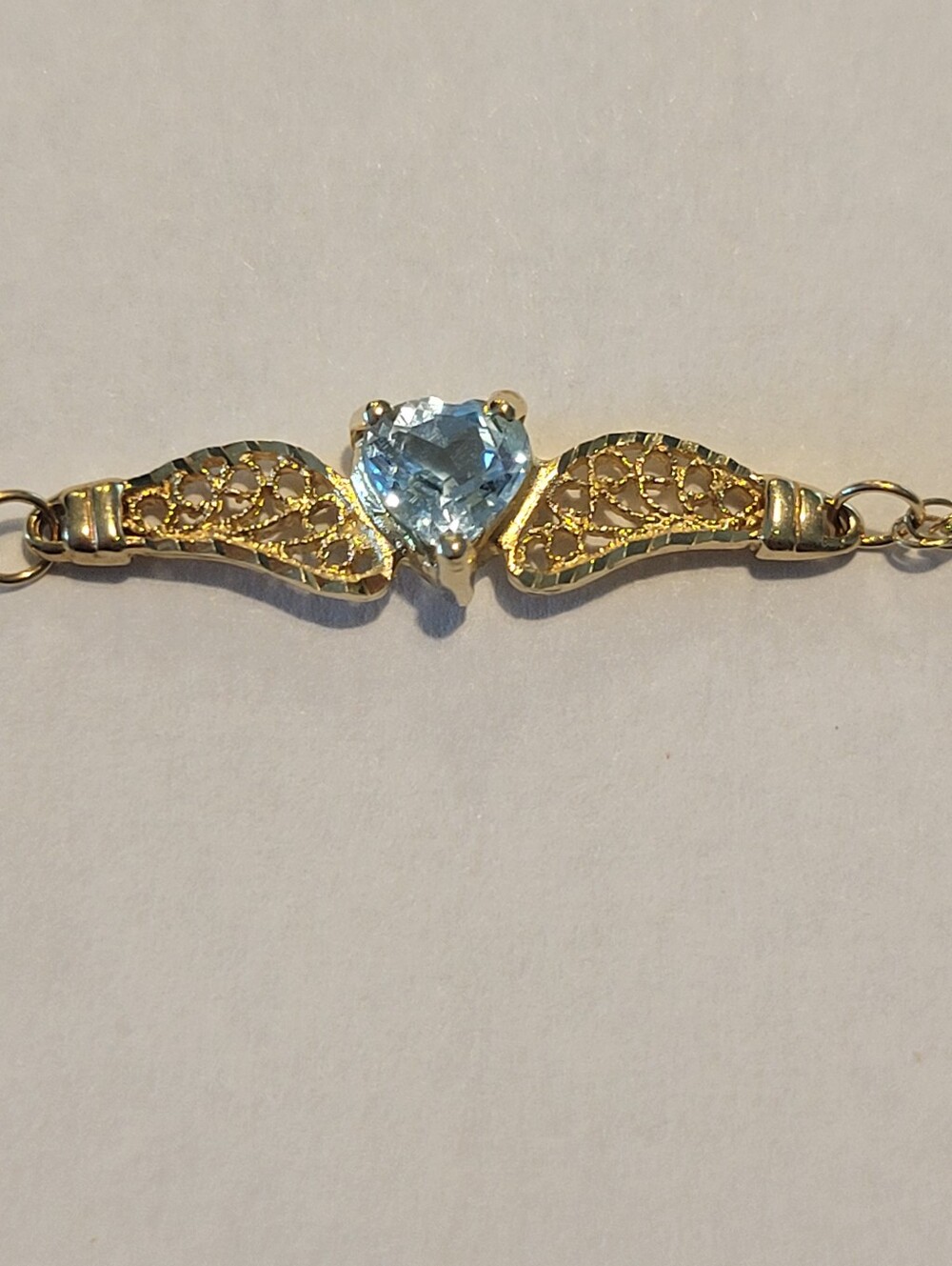 14K Yellow Gold Very Denty Bracelet with Light Blue Heart Stone Pendant,7" Long - Picture 6 of 9
